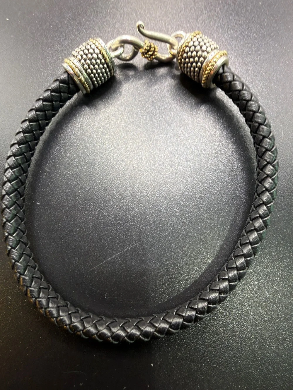 14K 925 STERLING SILVER LEATHER BRAIDED BRACELET UNISEX BLACK EDGY BIKER